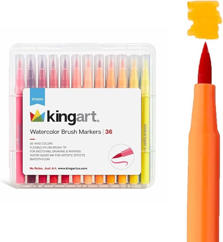 KINGART 36 Watercolor Brush Markers Set: Flexible Tips for Art and Col