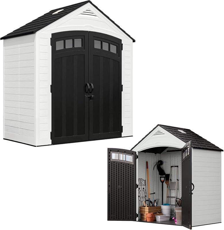 Suncast 7x4 Ft Vertical Resin Outdoor Storage Shed with Floor, Double 