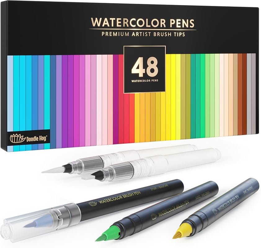 DOODLE HOG 48 Watercolor Brush Pens: Real Tips, 2 Blendable Markers fo