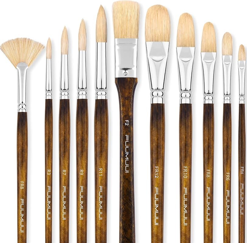 Professional Oil Paint Brush Set, Fuumuui 11pcs Superior Hog Bristle P