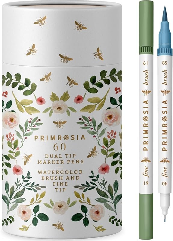 Primrosia 60 Dual Tip Marker Pens: Fineliner and Watercolor Brush Pens