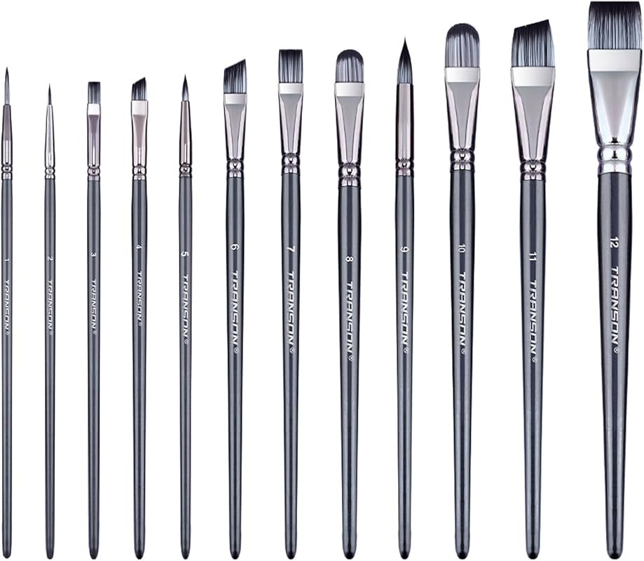 Transon 12-Piece Artist Paint Brush Set for Watercolor, Acrylic, Gouac