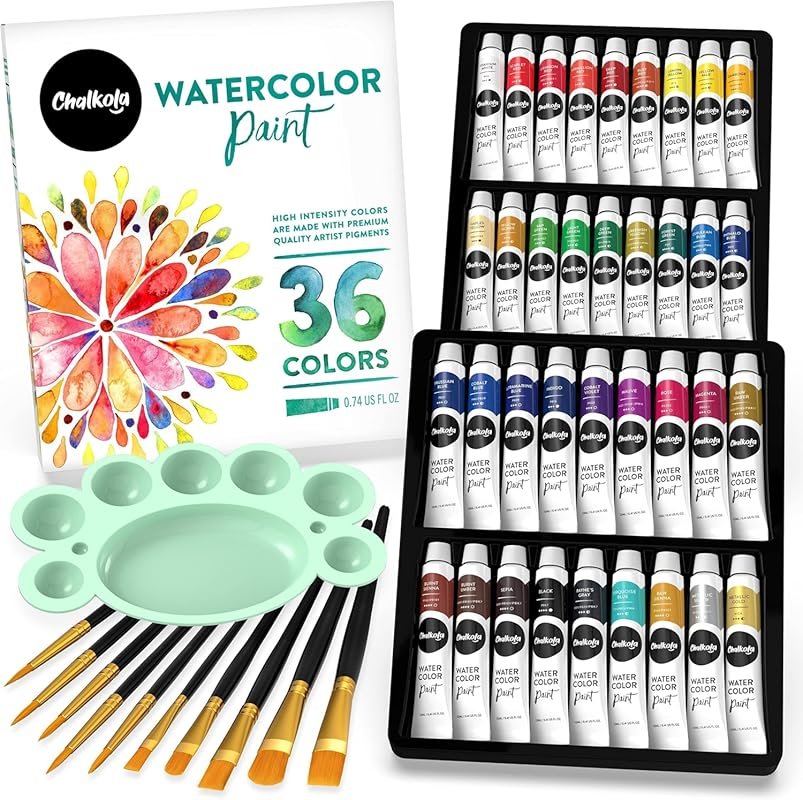 Chalkola Vibrant 36 Color Watercolor Tube Set (12ml) with 10 Brushes a