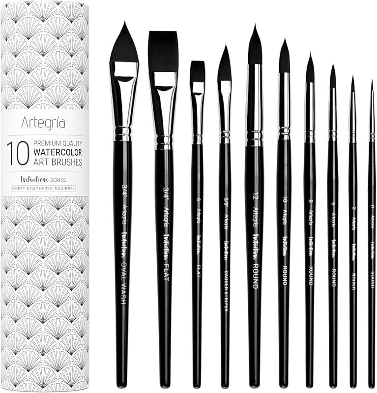 ARTEGRIA Watercolor Brush Set, 10 Professional Soft Synthetic Squirrel