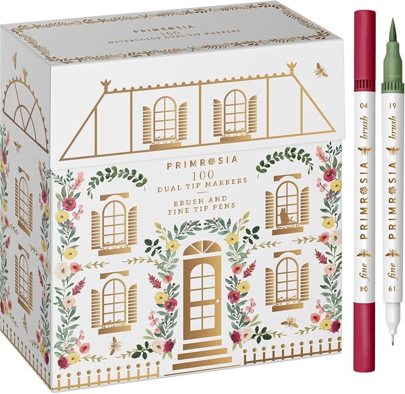 Primrosia 100 Dual Tip Marker Pens: Fineliner and Watercolor Brush for