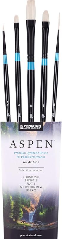 Princeton Aspen 5-Piece Synthetic Oil Paint Brush Set. Features Filber