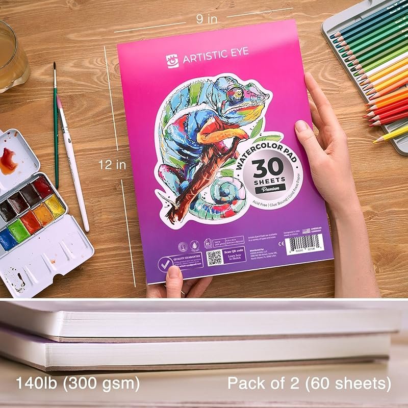 Set of Two Watercolor Paper Pads, 9x12 inches, 30 Sheets, 140lb Acid-F