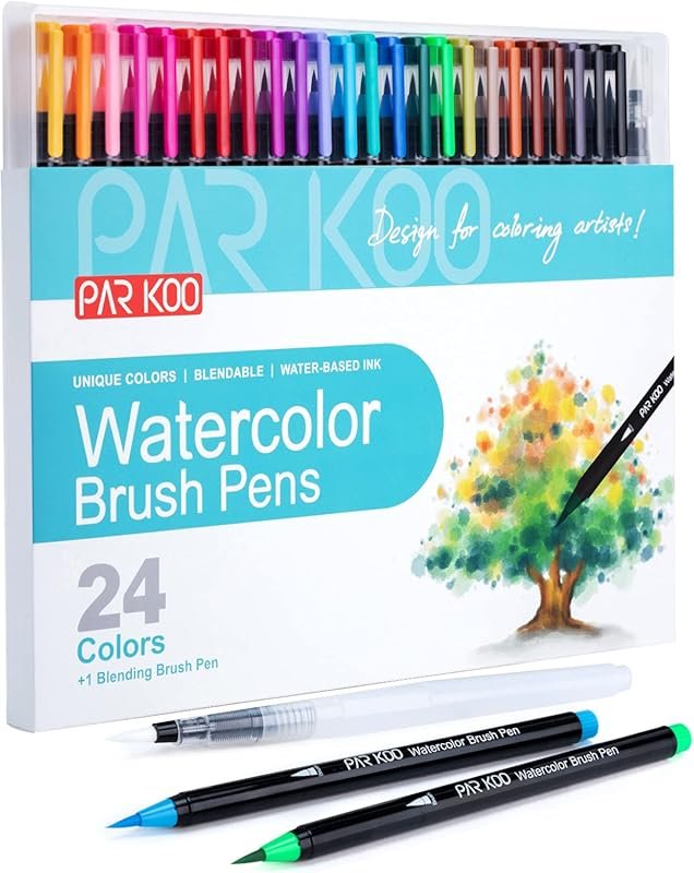 ParKoo 24 Watercolor Brush Pens: Real Nylon Tips, Blending Brush for A