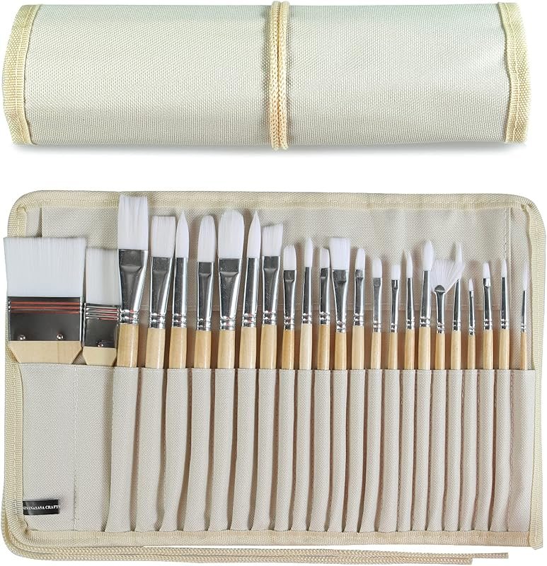 24-Piece Professional Paint Brush Set with Wooden Handles and Canvas C