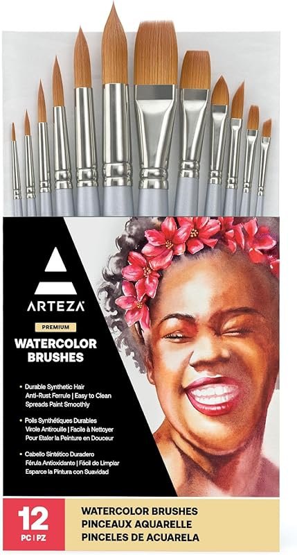 ARTEZA Watercolor Brush Set: 12 Synthetic Hair Brushes including Round