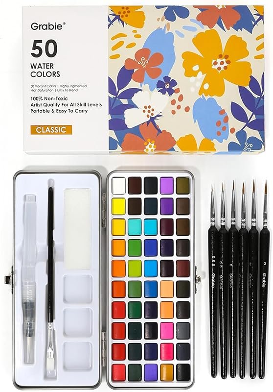 Grabie 50 Color Watercolor Paint Set with Detail Brush, Ideal for Arti