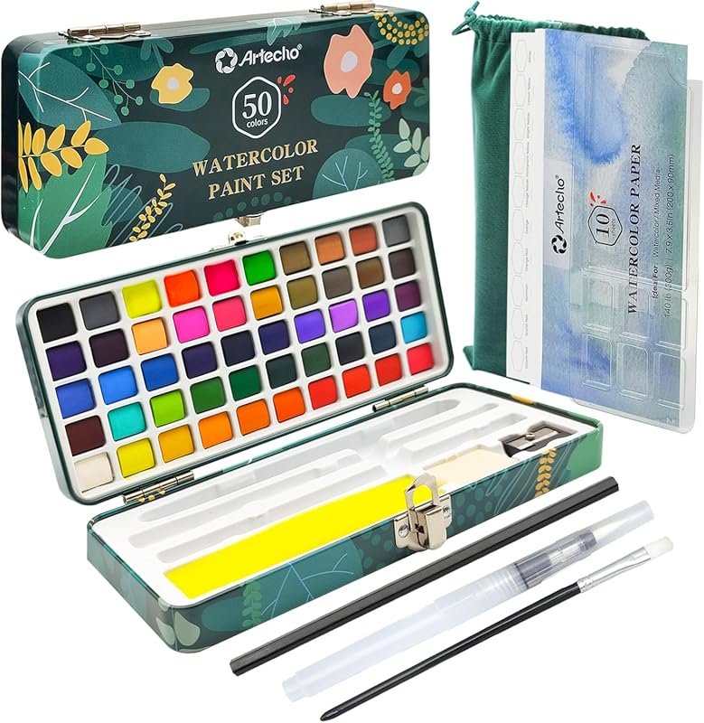 Artecho Travel Watercolor Paint Set: 50 Colors, Papers, and Brushes, I