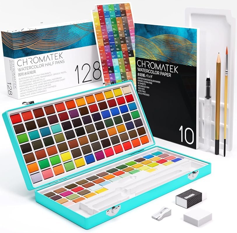 CHROMATEK Watercolor Paint Set: 128 Vibrant Colors, Brushes, Pad, and 
