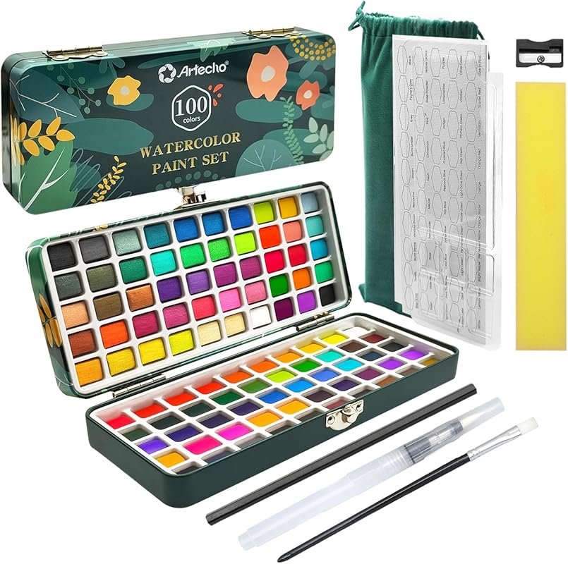 Artecho 100-Color Portable Watercolor Palette Set, with Metallic Paint