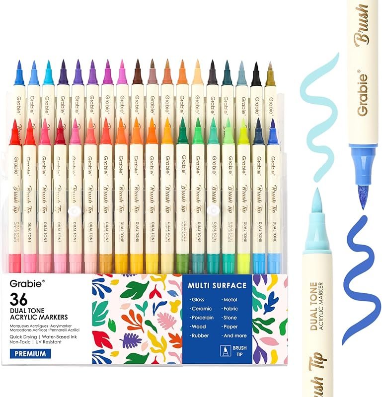 Grabie 36 Acrylic Paint Markers: Soft Brush Tips, Water-Based for Craf