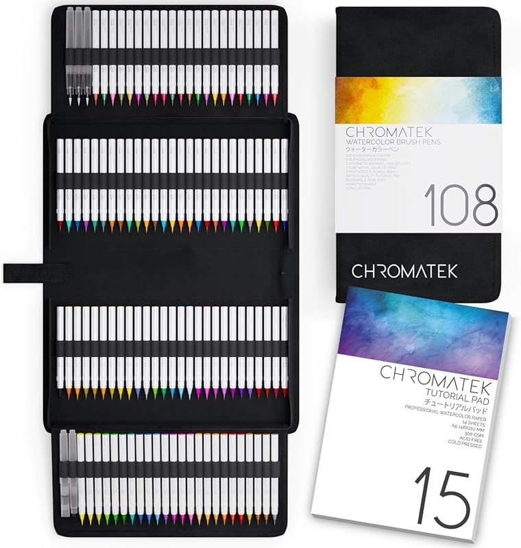 CHROMATEK 108 Watercolor Real Brush Pens: 100 Vibrant, Blendable Color