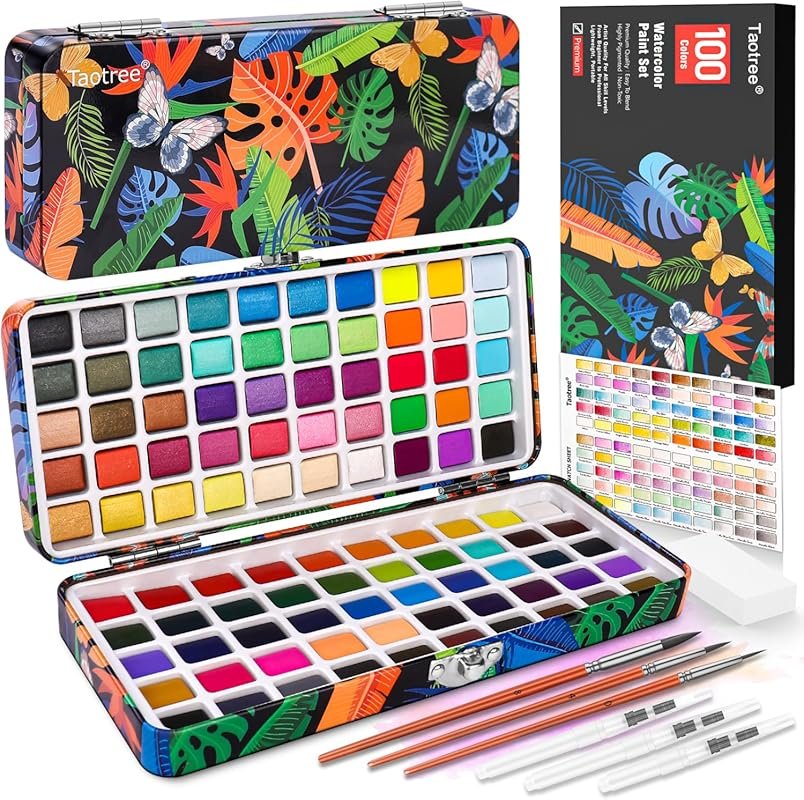 Taotree 100 Colors Travel Watercolor Kit: Includes 3 Brushes for All A
