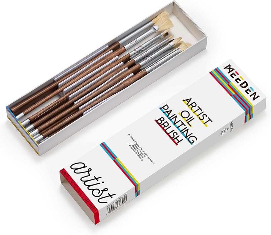 A Professional Hog Bristle Oil Paint Brush Set with Wood Long Handles.