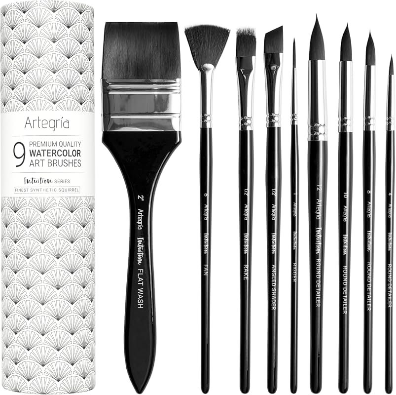 ARTEGRIA Watercolor Brush Set, 9 Soft Synthetic Squirrel Brushes: Deta