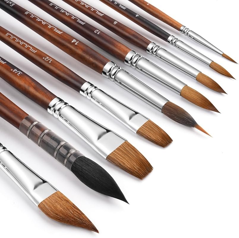 Fuumuui 9-Piece Sable and Natural Squirrel Mop Watercolor Brush Set fo