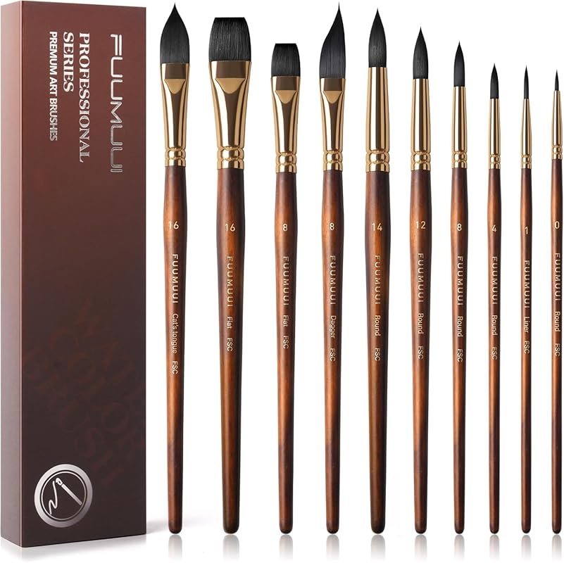 Fuumuui Watercolor Brushes: 10 Synthetic Squirrel Hair Brushes (Flat, 