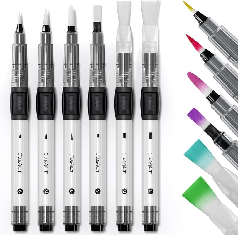 JusArt 6-Pack Refillable Water Brush Pens: Leak-Proof, Pointed and Fla