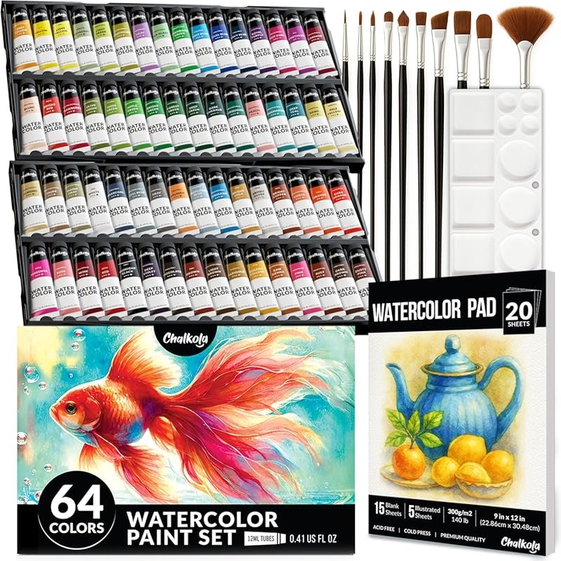 Chalkola Professional Watercolor Paint Set: 64 Tubes (12ml), 10 Brushe