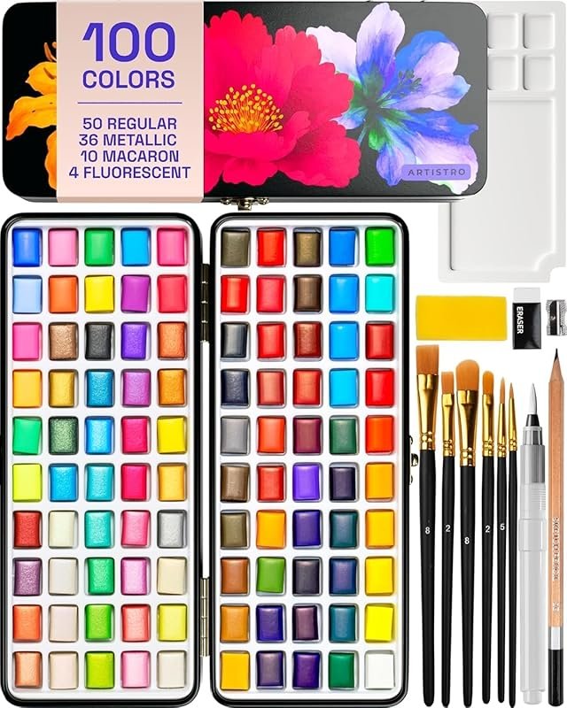 ARTISTRO 100 Colors Watercolor Paint Set: Portable Kit with Palette & 