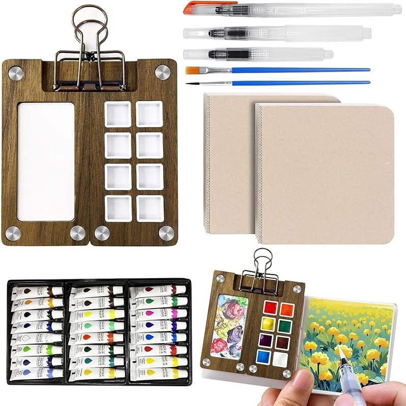 Mini Portable Watercolor Paint Set with Brush and Sketchbook, Ideal fo