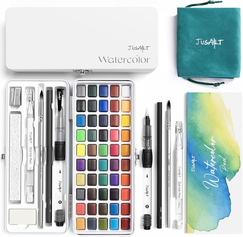 Portable Watercolor Paint Set: 50 Colors including Metallic Shades, Br