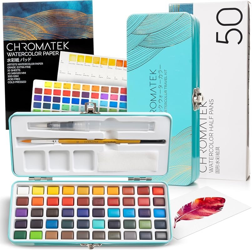 Comprehensive 50-Color Portable Watercolor Set with Metal Case, Brush,