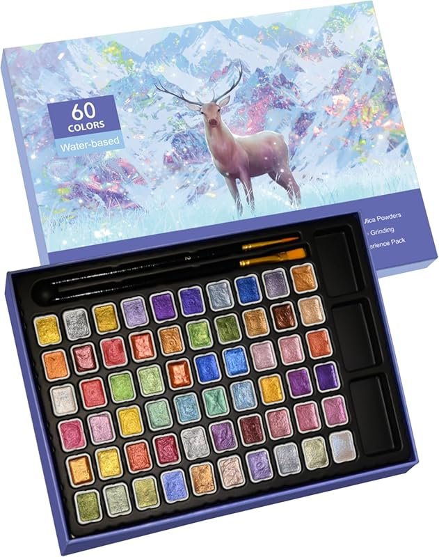 60-Color Shimmer Watercolor Set: Glitter, Metallic, and Pearl Solid Pa