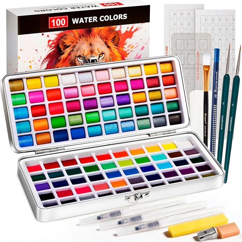 Travel Watercolor Paint Set: 100 Colors, Brushes, Papers, Palette, and