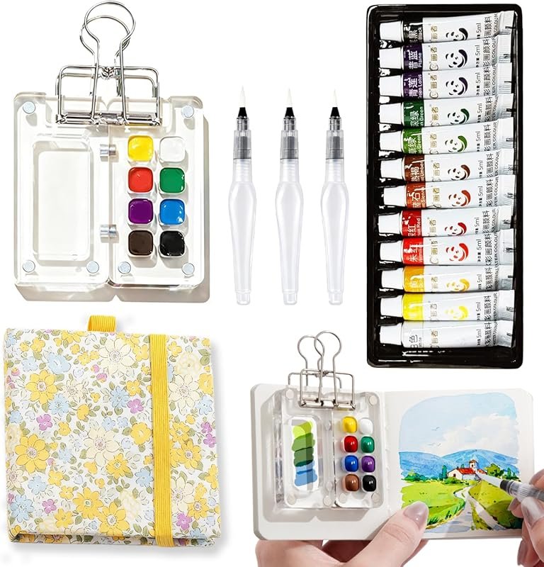 Mini Portable Watercolor Set: 12 Colors, 3 Brushes, and Sketch Album f