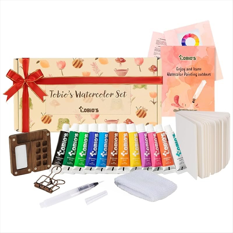 Tobios Mini Wooden Watercolor Travel Paint Set: 12 Colors, Refillable