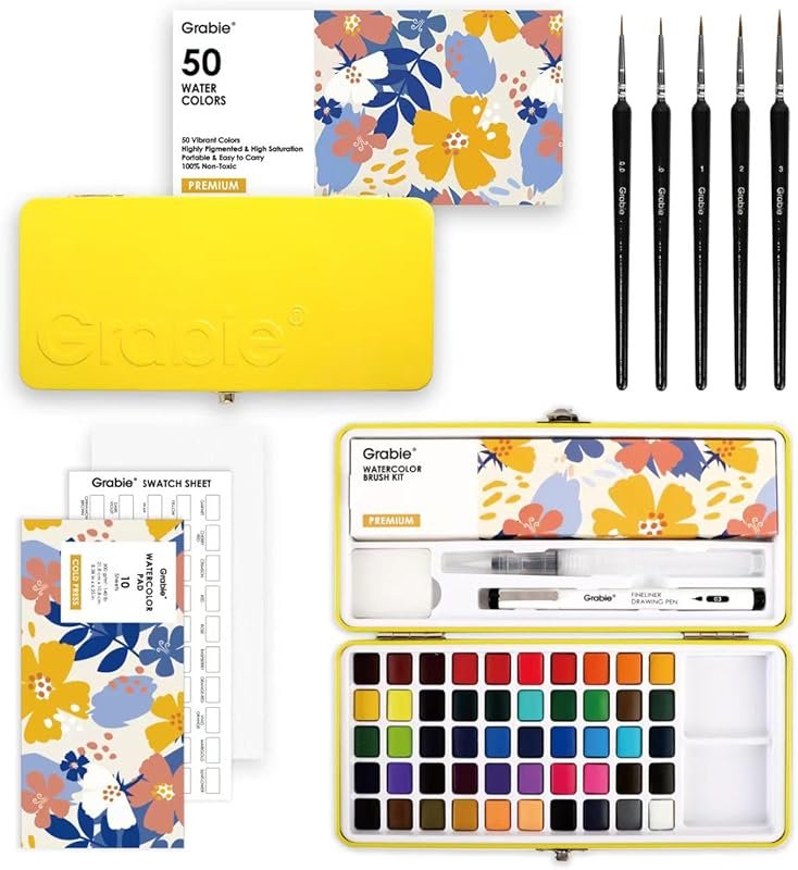 Grabie 50 Colors Premium Watercolor Paint Set: Portable Kit with Brush