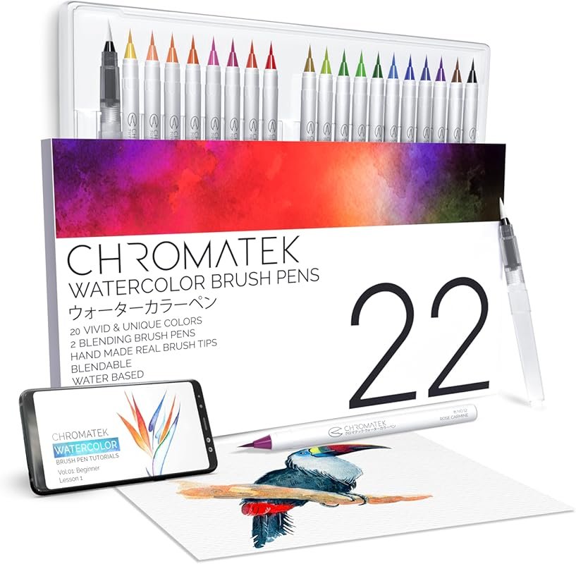 CHROMATEK 22 Watercolor Brush Pens Set: 20 Vibrant, Blendable Colors w