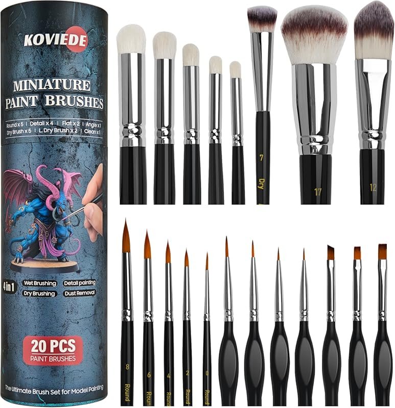 20-Piece Miniature Dry Brush Set for Fine Detail Model Painting and Bl
