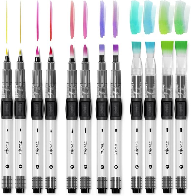JusArt 12 Refillable Water Brush Pens with Pointed and Flat Tips for W