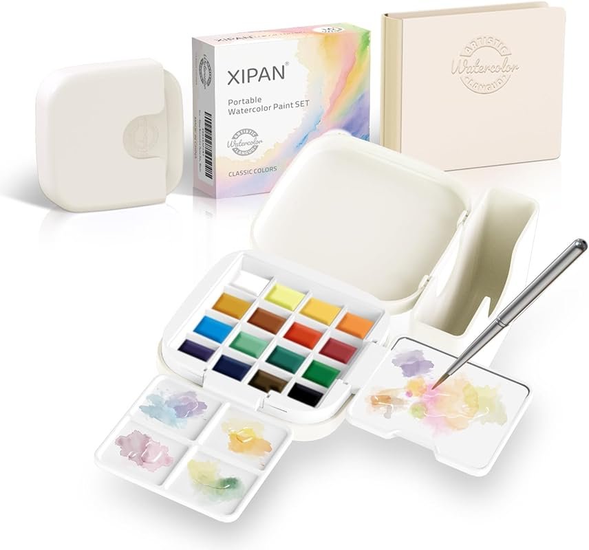 Mini Compact Travel Watercolor Paint Set: 16 Colors, Detail Brush, Pal