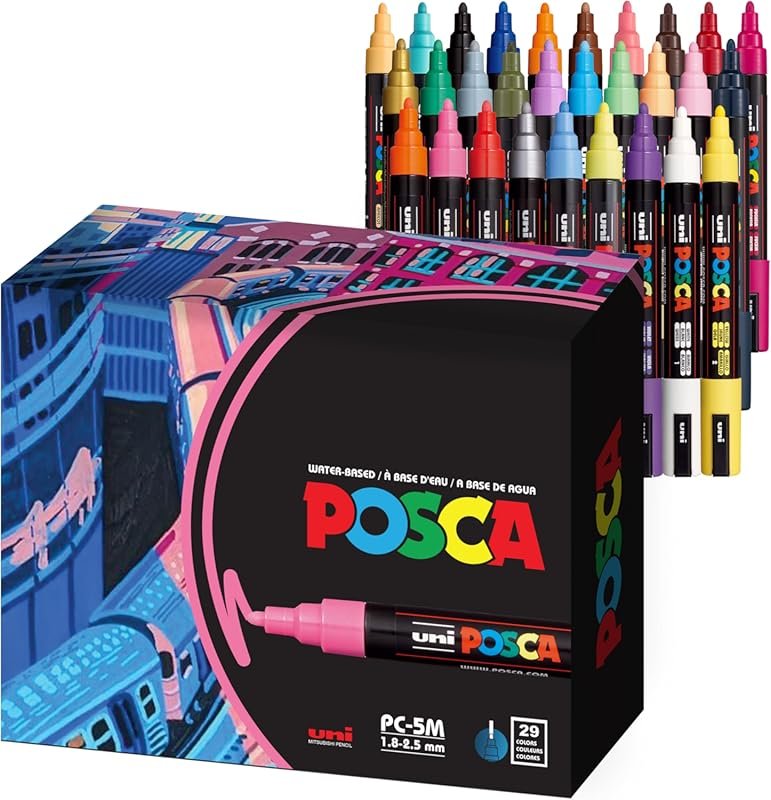 Uni Posca 29-Color 5M Medium Acrylic Markers with Reversible Tips for 