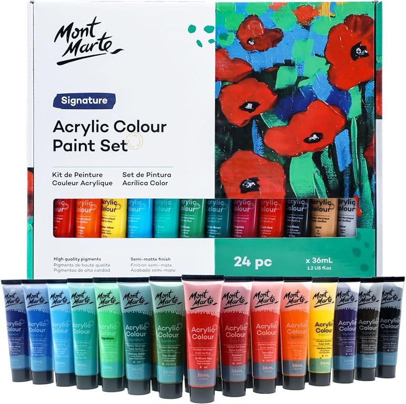 Mont Marte Acrylic Paint Set 24 Colours 36ml, Perfect for Canvas, Wood