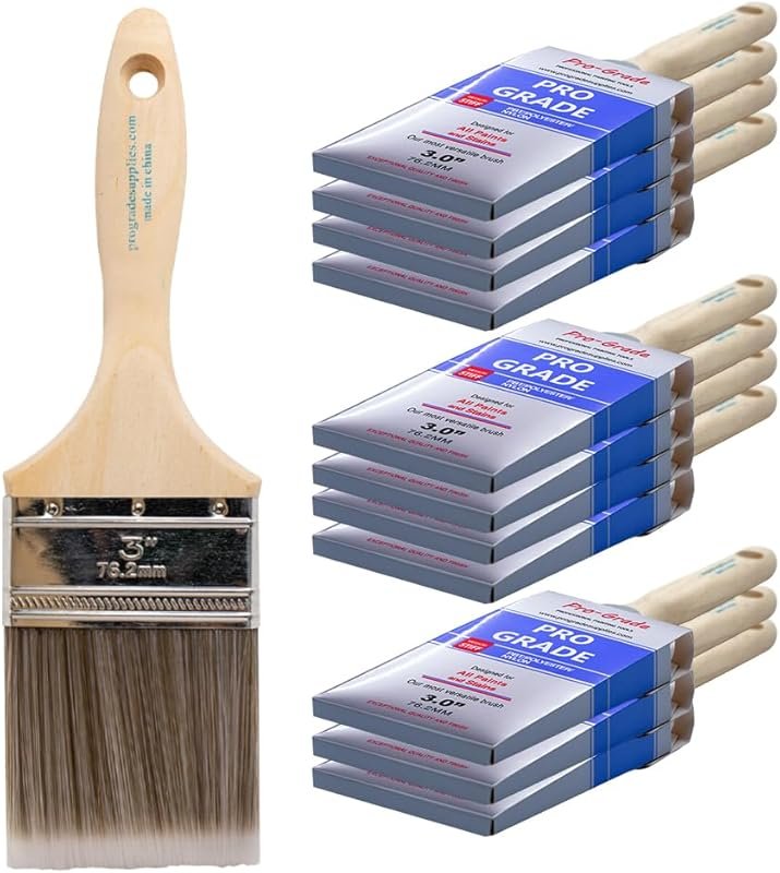 Pro Grade 3-inch Flat Paint Brush Set, 12 Pack, for Walls, Trim, Cabin