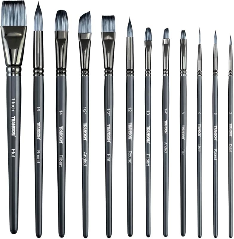 Transon Artist Paint Brush Set of 12 for Watercolor Acrylic Gouache Oi