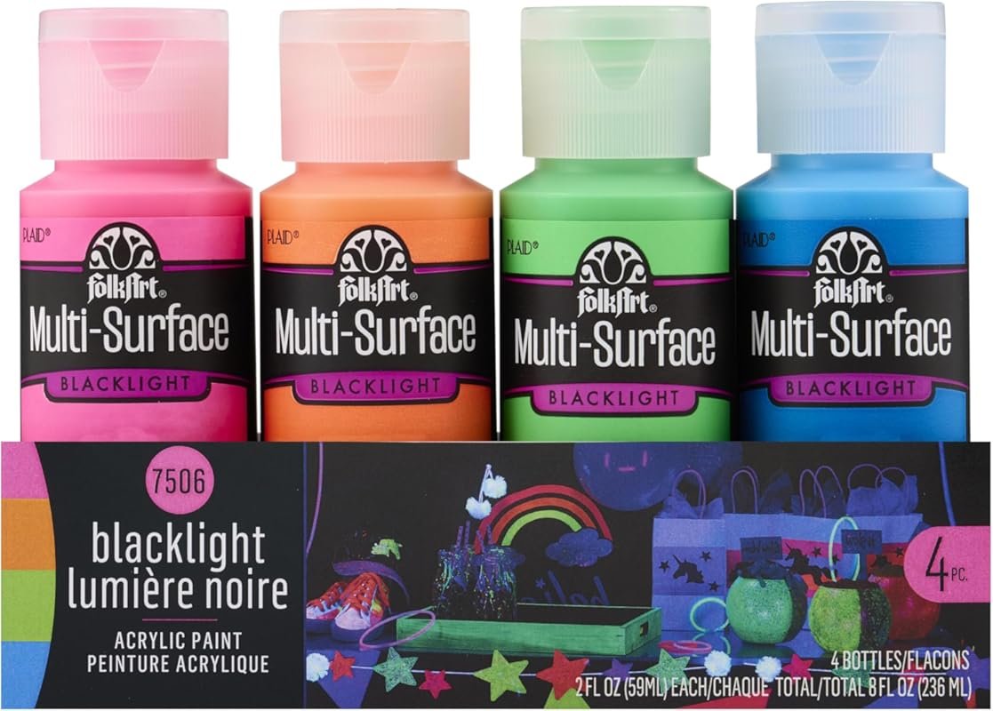 FolkArt Multi-Surface Acrylic Paint: 4 Bottles, 2oz, Neon Blacklight C