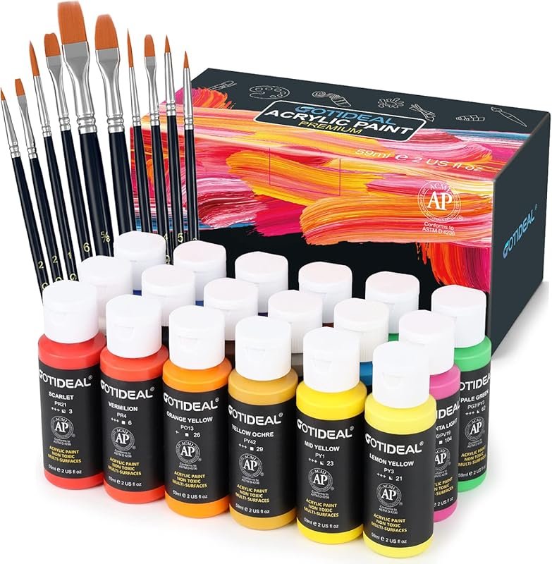 GOTIDEAL Acrylic Paint Set, 18 Colors (2oz) with 10 Brushes. Non-Toxic