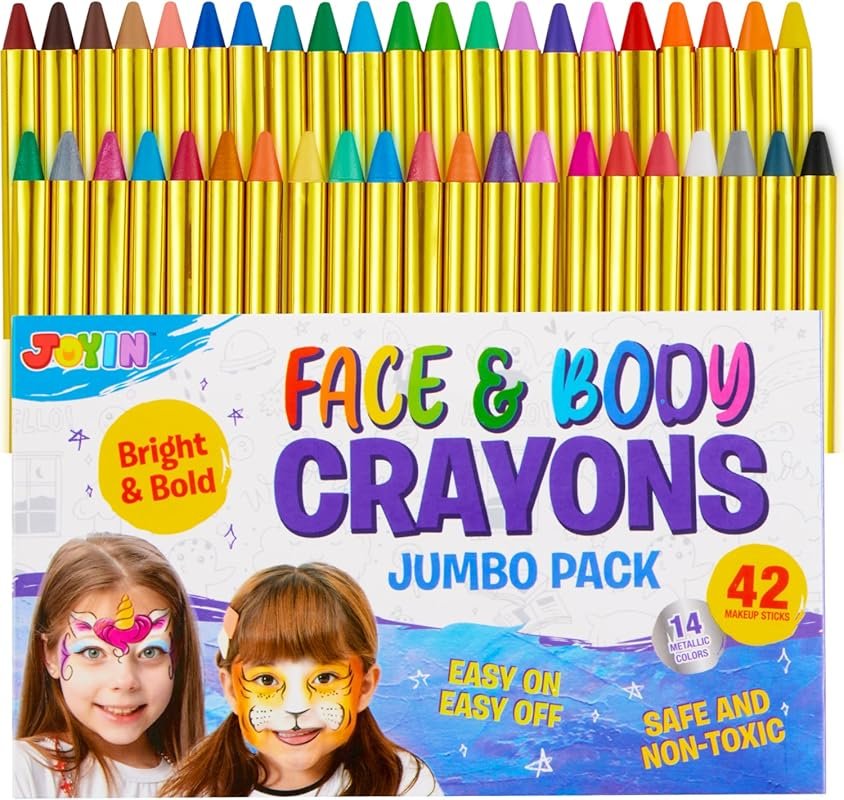 42 Non-Toxic Face and Body Paint Crayons for Kids, featuring 14 Metall