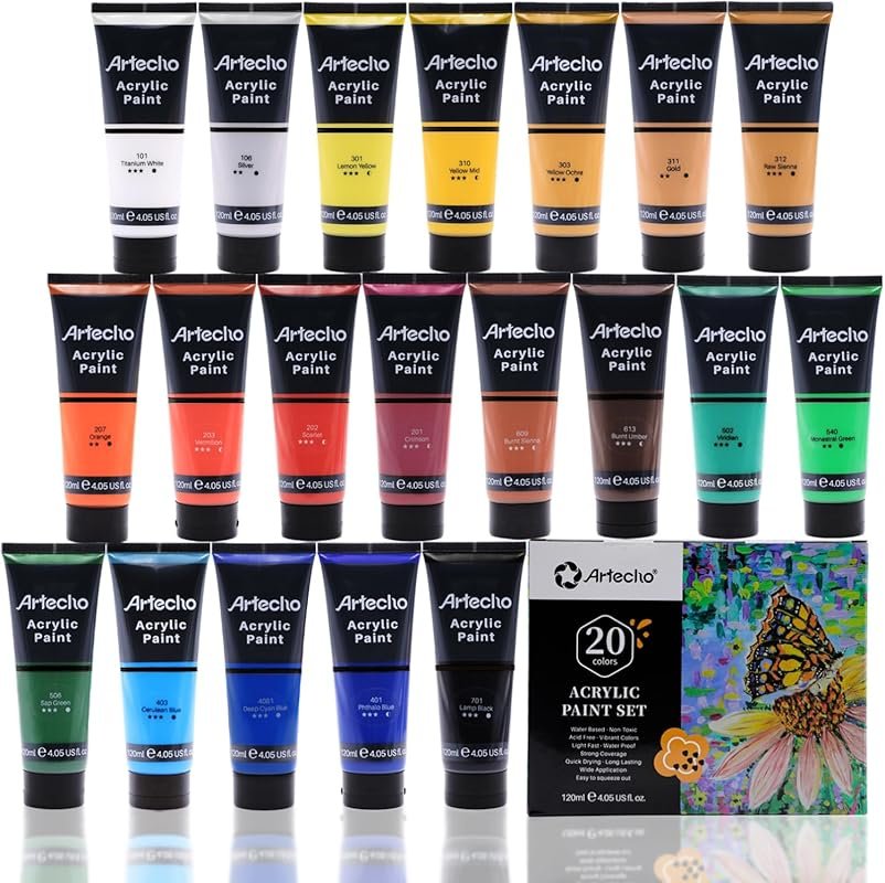 Artecho Professional Acrylic Paint Set: 20 Primary Colors for Wood, Ca