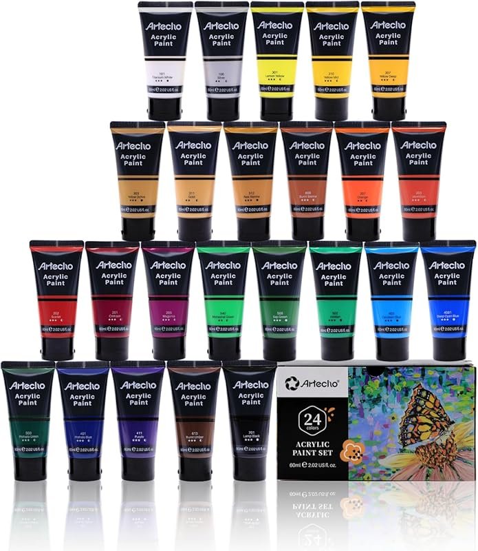 An Acrylic Paint Set with 24 Colors (60ml Tubes) Ideal for Canvas Pain
