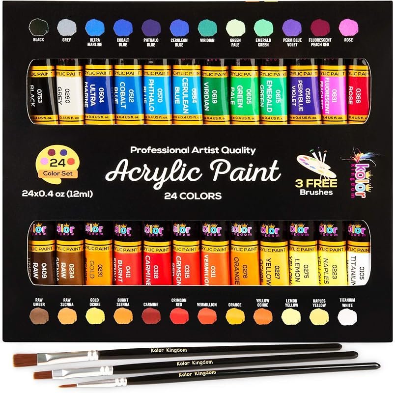 An Acrylic Paint Set of 24 Colors (12ml) with 3 Brushes for Canvas.